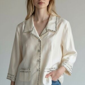 SILKLAND Silk BlazerJacket Y2K Cream Shell Embellishment Classic Size 14 Chic